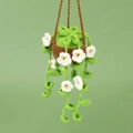 Handmade crochet car hanging plant with white flowers and green vines on mirror - Green Leaves White Flower (Brown Pot)