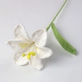 Handmade crochet white lily flower with yellow stamen and green leaves on white background - White