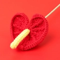 Detailed macro shot of hand-knitted heart-shaped anthurium with yellow spadix and green stem - Red