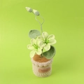 Macro detail of handmade crochet flower in a pot with a leather handmade label - Green