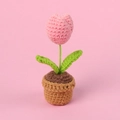 Handmade crochet pink tulip potted plant ornament with green leaves and brown base - Fashion Pink - Tulip Potted Plant - Mini Yarn Pot