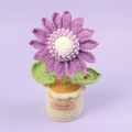 Detail of purple crochet sunflower with ladybug and handmade leather label on base - Purple Ladybug Sunflower Potted Plant (Large Cylindrical Pot)