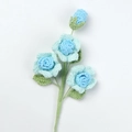 Detailed view of handmade crochet roses with gradient blue petals and green woven leaves - Xue Wu 3-Head Barbie Rose Stem / Gradient Blue