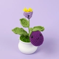 Handgemachte Häkelblume mit lila Auberginen-Figur in einem weißen Keramiktopf - Auberginen Topfpflanzen-Ornament / Lila