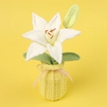 Handmade crochet white lily in yellow knitted vase, elegant floral desktop decoration - White Lily-Yellow Vase