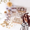 Christmas tree decoration set with champagne gold and pink ornaments in premium packaging - Complete Christmas Ornament Collection (Star+Balls+Ribbon+LEDs)