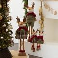 Set of four plush Christmas reindeer dolls in vintage green and red festive checkered outfits - Reindeer Family Collection (Plush Dolls)