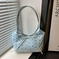 Light blue tote bag with black bow embroidery and shoulder strap for casual wear - Blue