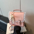Süße rosa PU-Leder Handtasche mit weißer Spitze und Perlenhasen-Anhänger für Damen - Einzelne Tasche / Rosa