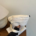 Marsupio in tela a scacchi beige stile giapponese con design a doppia cerniera - Cachi