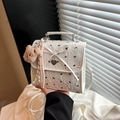White seersucker bow handbag with heart pendant and brown teddy bear charm accessory - Single Bag / White