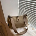 Minimalist khaki nylon shoulder bag with wide strap and dual zippers for women - Khaki
