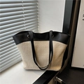 French vintage straw tote bag with black leather patchwork and large capacity style - Beige Black Large