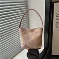 Pink floral bucket bag with yellow artistic flower prints and minimalist top handle - Pink
