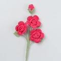 Detailed view of handmade crochet pink roses with three blooms and one green leaf bud - Xue Wu 3-Head Barbie Rose Stem / Rose Red