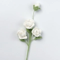 Detail of handmade crochet white roses with three full blooms and one bud on a stem - Xue Wu 3-Head Barbie Rose Stem / White