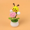 Handmade crochet honeybee with pink rose flower in a ceramic pot decor ornament - Bee Gathering Nectar - Pink Rose