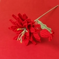 Detailed view of hand-crocheted red queen of the night flower with green stem and bud - Epiphyllum Branch - Red