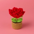 Rose rouge au crochet faite à la main dans un pot marron sur fond rose pour cadeau - Rouge