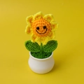 Handmade crochet sunflower plant in white pot with cute smiley face desk decoration - 4-Round Sharp Corner Yellow Smile Face Potted Plant