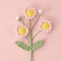 Close-up of handmade crochet daisy stem with pink petals and yellow centers on pink background - Pink