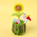 Handmade crochet sunflower potted plant with miniature rabbit on rustic wood base - Double Layer Sunflower Windmill Stump Style