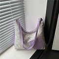 Bolso de hombro minimalista de jacquard beige y púrpura con ribete de ecocuero lavanda - Morado