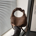 Brown moon-shaped cloud bag in matte faux suede with ruched handle and shoulder strap - Brown