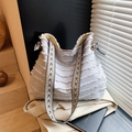 Light blue fringe straw tote bag with geometric pattern wide shoulder strap - Gray