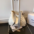 Bolso tote blanco grande con flecos y correa jacquard bohemia para vacaciones playa - Blanco Roto