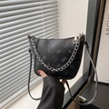 Retro black bucket bag with lychee texture and silver chain strap for women - Black