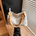 Borsa tote in tela grigio chiaro con stampa floreale e manico in legno perlato - Verde