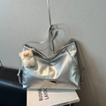 Metallic silver tote bag with soft leather texture and cute plush bear charm accessory - Single Bag / Silver