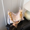 Borsa tote floreale rosa con manico in legno e nappa blu per il pendolarismo quotidiano - Rosa chiaro