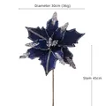 Deep blue artificial Christmas poinsettia with silver glitter edges and 45cm brown stem - Stem Length 45cm / Dark Blue (30cm Diameter)