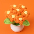 Detail van handgemaakte gehaakte oranje bloemen in een witte pot met levendige groene bladeren - 7 Pofbloemen in Pot / Oranje (Witte Pot)