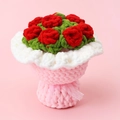 Close-up of handmade crochet red rose bouquet crafted from soft chenille chunky yarn - Red Rose Bouquet / Red Rose (Pink Base)