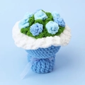 Detailed top view of handmade crochet sunflower bouquet with blue petals and velvet ribbon - Blue Rose Bouquet / Blue Rose
