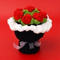 Detail of handcrafted crochet red rose bouquet with green leaves and a black knitted base - Red Rose Bouquet / Red Rose (Black Base)