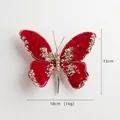 Mariposa navideña de terciopelo rojo hecha a mano con lentejuelas doradas, 18 cm ancho - Mariposa Roja (HY2556)
