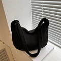 Minimalist black corduroy dumpling bag with wide strap and moon shape design - Black