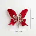 Red velvet butterfly Christmas clip with gold glitter and pearls, 17cm holiday decoration - Red Swallowtail (HY2557)
