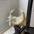 Cream-colored glossy handbag with lace pearl bow and gold metal handle details - Single Bag / Yellow