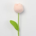 Handmade crochet pink tulip flower with green stem and leaf on a white background - Plump Tulip Stem / Nude