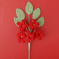 Detailed view of handmade crochet bouquet featuring 5 red blossoms and green leaves - Red