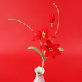 Handmade crochet red lily with green leaves and white textured vase on red background - Zephyrlanthes-Red