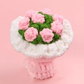 Handmade crochet pink flower bouquet with white knitted wrap and ribbon decoration - Pink Rose