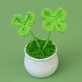 Handmade crochet four-leaf clover in a white ceramic pot for home and office decor - Double Branch Clover-Sprout Green