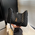 Retro black baguette bag with grey M-letter pattern and golden chain detail - Black