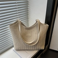 Minimalist beige woven straw tote bag with thin leather shoulder straps and fashion patch - White